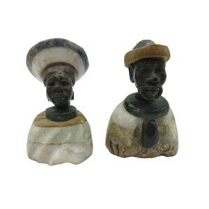 Small Stone Bust Set Colourful Hand Carved in Zimbabwe Africa 3.5" and 3.1" Tall